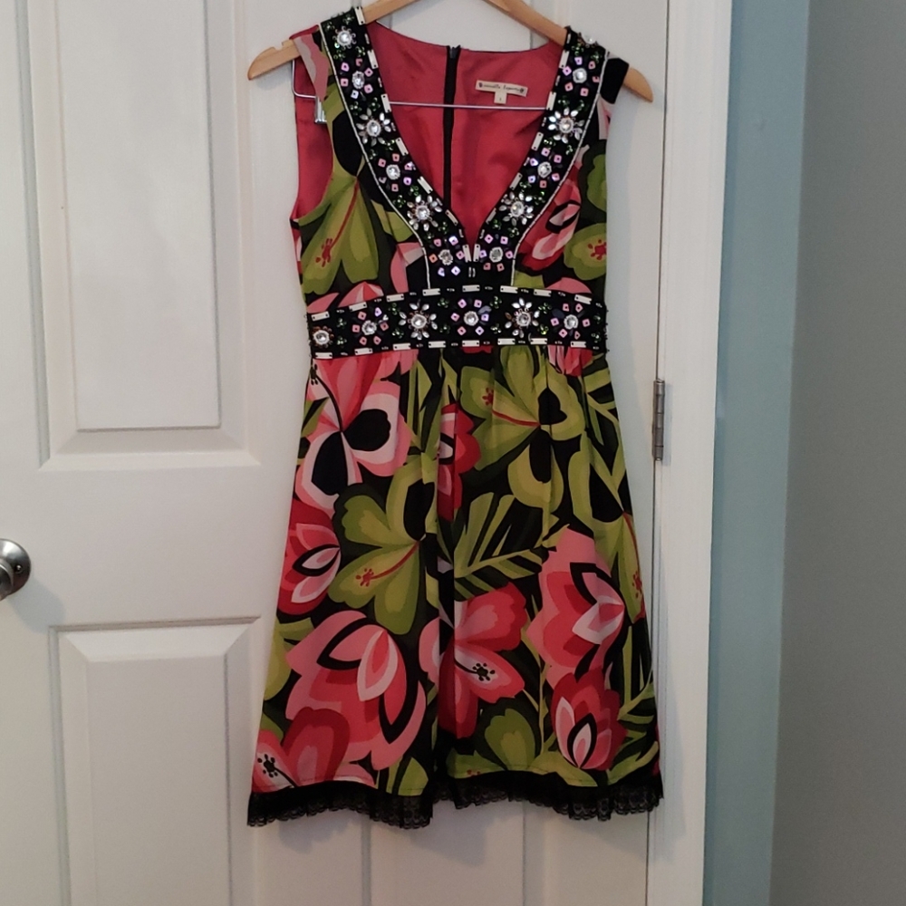90’s Silk Floral Jeweled Empire Waist Dress